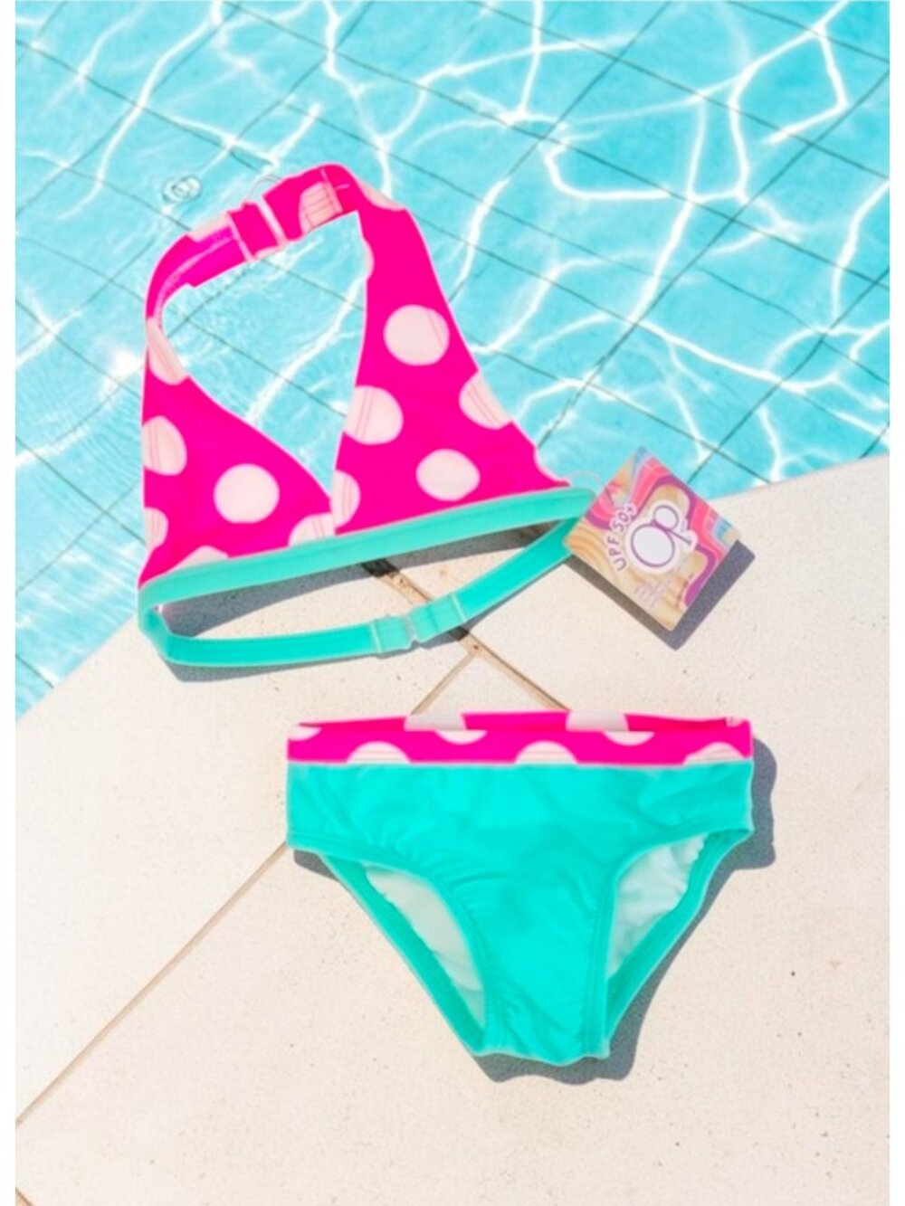 Polka Dot Halter Bikini Set Pink & Aqua Girls Swimwear UPF 50+ Protection